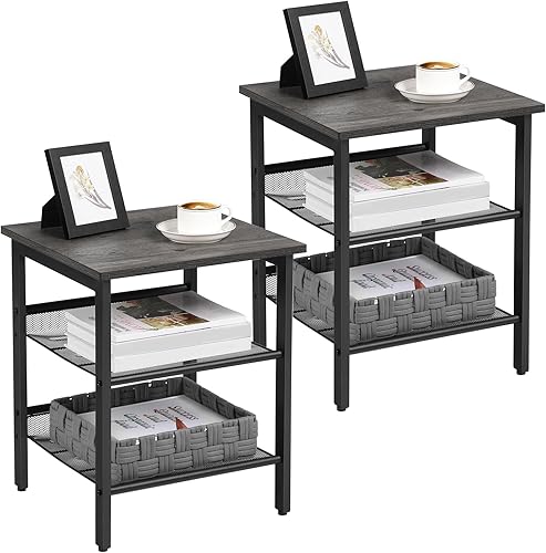 Miniatura 19 de VASAGLE - Juegos de 2 mesas auxiliares con estantes de malla ajustables, para sala de estar o dormitorio, con marco de acero industrial estable,