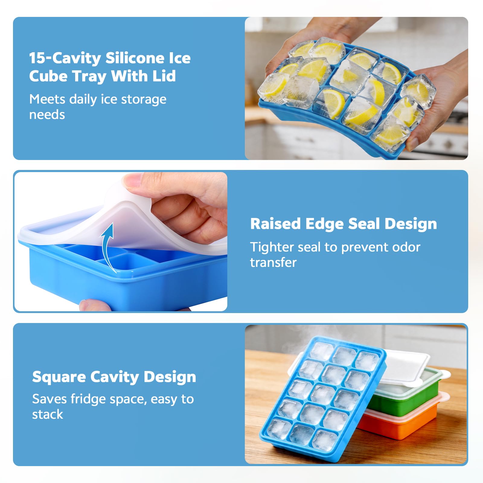 3 Pezzi Stampi per Ghiaccio in Silicone, 15 Cubetti Ghiaccio con Coperchio, Senza BPA e Impilabile, per Whisky, Cocktail, Cioccolato, Puree di Frutta, Facili da Rimuovere