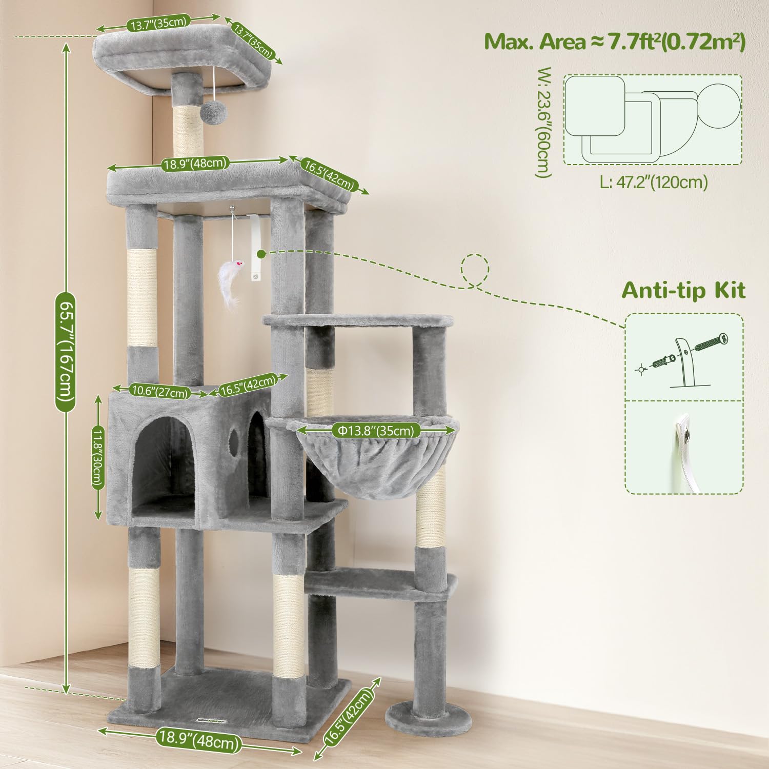 Globlazer Tiragraffi per Gatti XL, Albero Gatti Grandi Alto 167 cm con Grande Piattaforma Imbottiti Trespoli Grotte Cesto, Torre del Gatto Stabile per 3-4 Grandi Gatto Adulti (F65B, Grigio Chiaro)