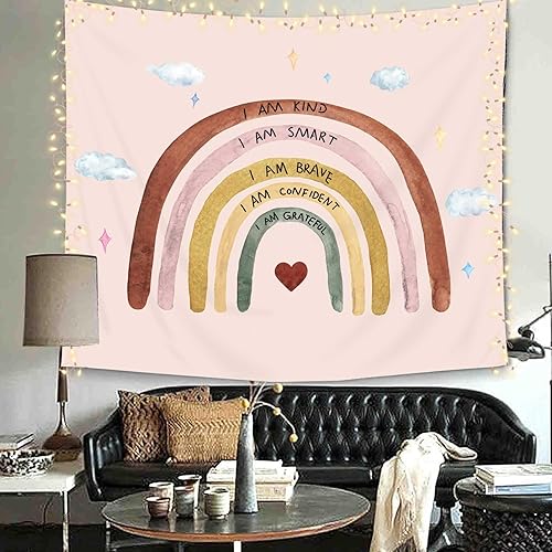 Miniatura 6 de Imirell Tapiz bohemio arcoíris de 59 pulgadas de ancho x 51 pulgadas de alto, citas positivas, nube rosa, estrella de amor, inspirador, para niños,