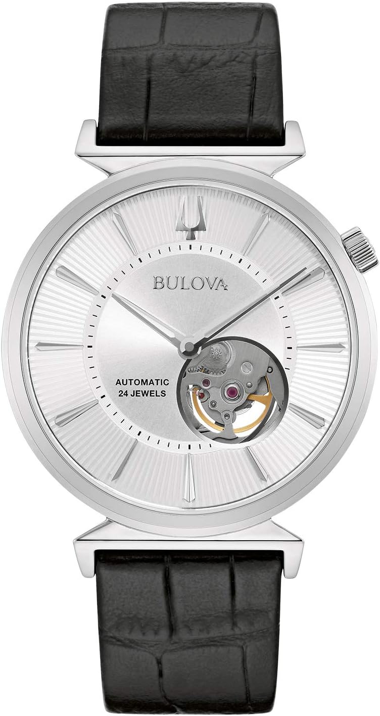 Bulova Men's Classic Regatta Stainless Steel 3-Hand Automatic Black Leather Strap Watch with Open Aperture Watch Style: 96A240