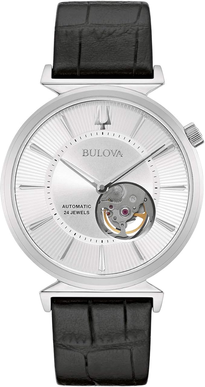 Bulova Men's Classic Regatta Stainless Steel 3-Hand Automatic Black Leather Strap Watch with Open Aperture Watch Style: 96A240