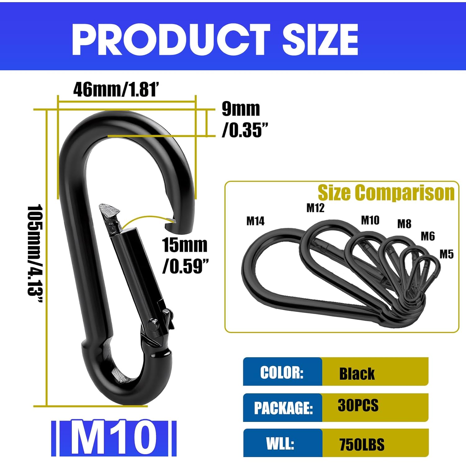 30Pack Carabiner Clips Heavy Duty, 4” Large Spring Snap Hooks Bulk, Galvanized Black 3/8” Carabiners for Camping, Solid Spring Clips for Home Gym Hanging Hammocks Swing Hiking-1100lbs Holding Capacity - Image 2