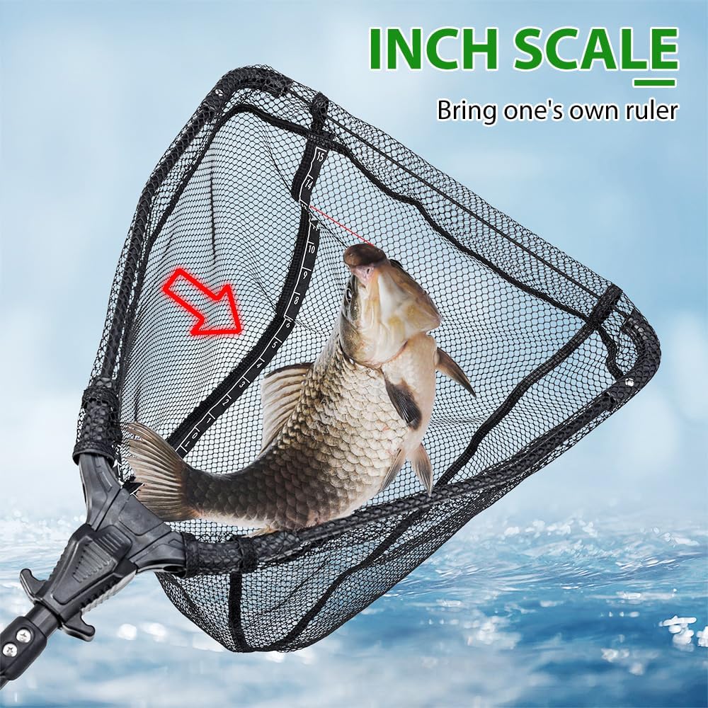 Épuisette Pêche Pliable, Caoutchouc Filet Téléscopique Landing Net Antirouille Alliage D'aluminium Nylon Filet de Pêche 95 cm avec Poignée, pour Etangs Truite Carpe Salmon Attraper et à Libérer