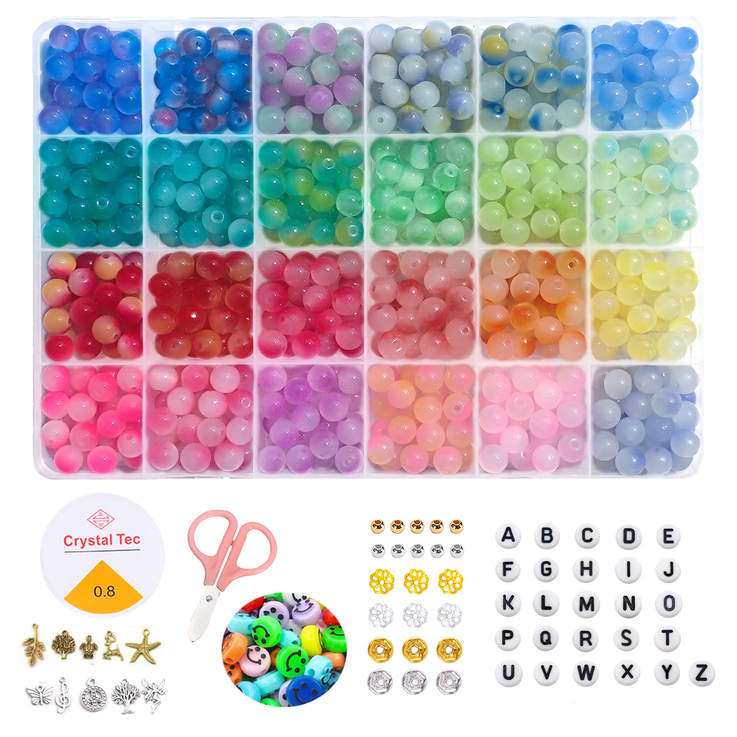Mizivn Glass Beads Kit for Bracelet Jewelry Making Charms Set, 600PCS 8mm DIY Glass Beads Round with Accessories, 24 Bicolors Round Gemstone Beads Suitable for Beginners