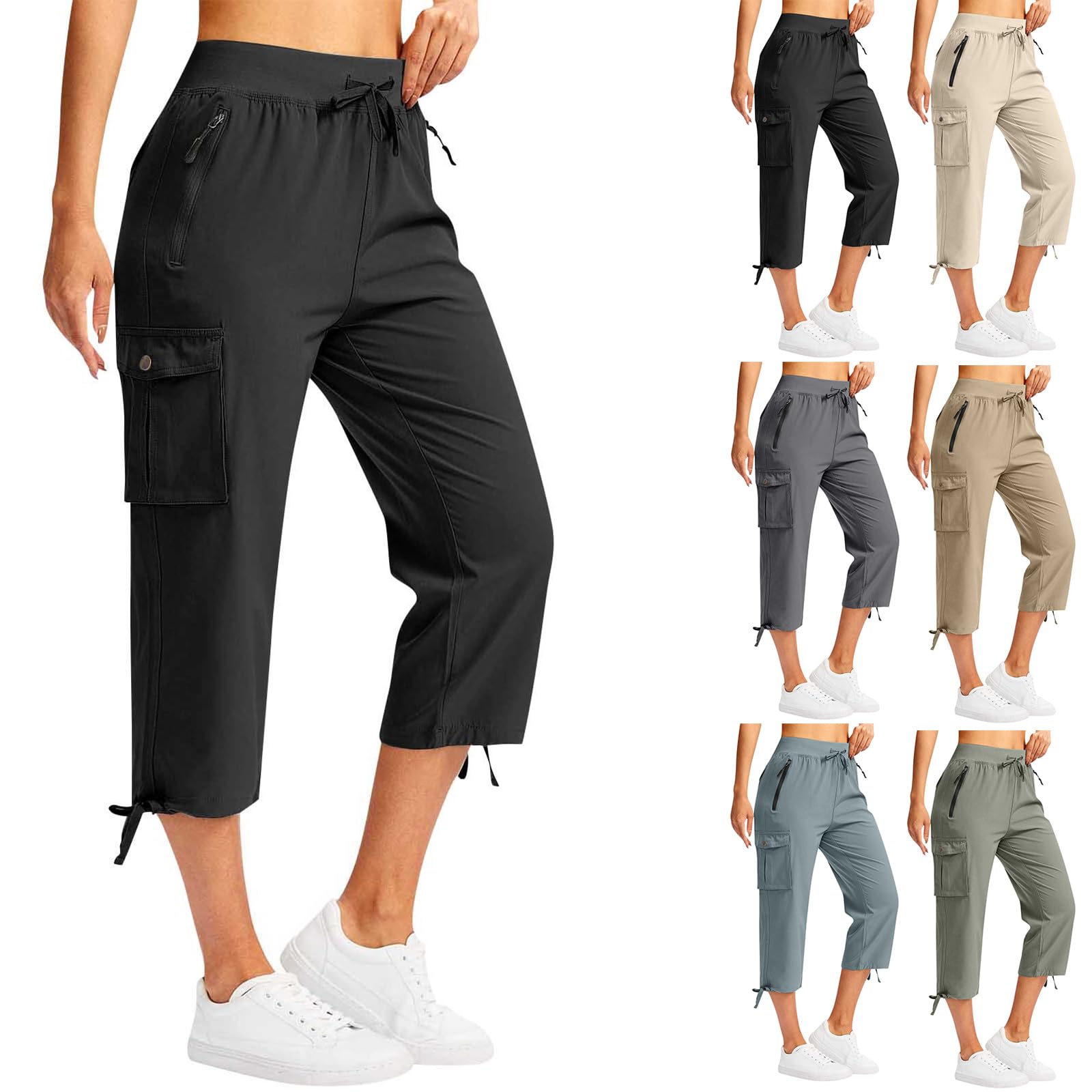 Capris for Seniors Quick Dry Cargo Capris Lightweight Hiking Pants with Pockets Outdoor Casual Drawstring Capri Pant Summer Elastic Waist Travel Cropped Cargo Pant for Camping Golf A-Army Green