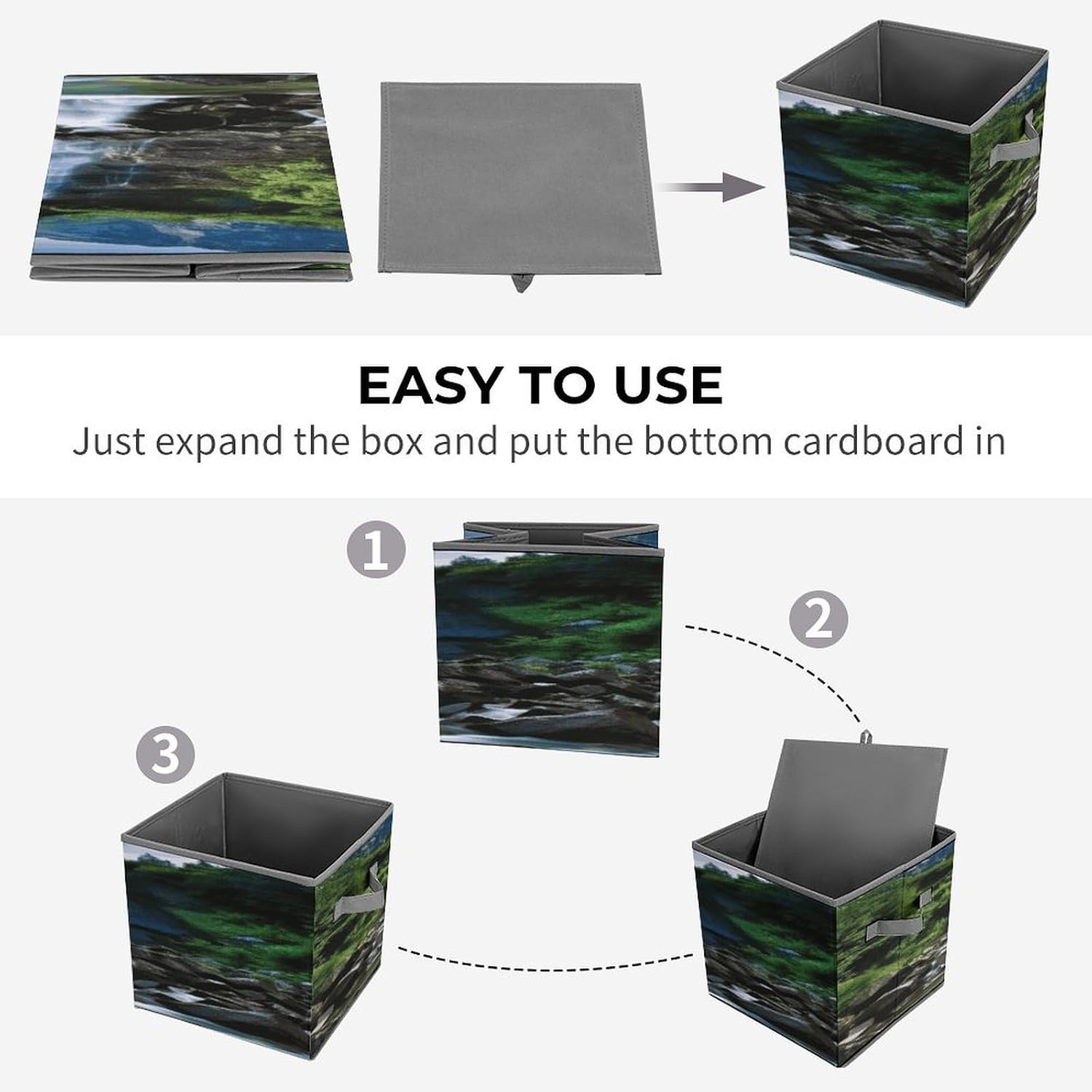 Scenic Mountain Waterfall Fabric Bins Storage Basket Square Baskets | Storage Bin with Double Handles,Cube Collapsible Organizers for Organization,Closet,Shelves,Offices