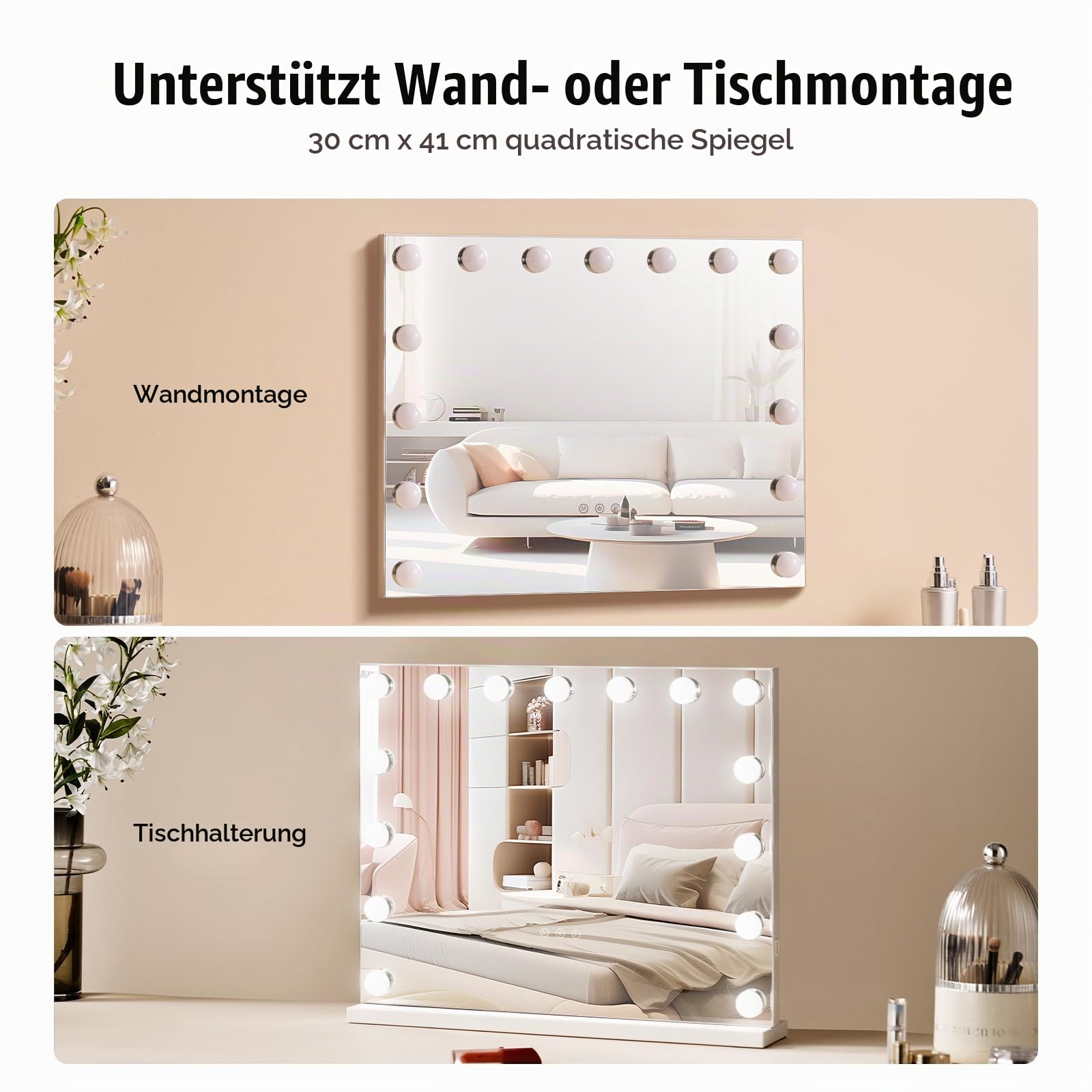 VEVOR Hollywood Schminkspiegel mit Beleuchtung, 15 dimmbare Glühbirnen & 3 Farbbeleuchtungsmodi, Kosmetikspiegel mit Abnehmbarer 5-facher Vergrößerung, USB-Anschluss, Smart-Touch-Steuerung, 580x458mm