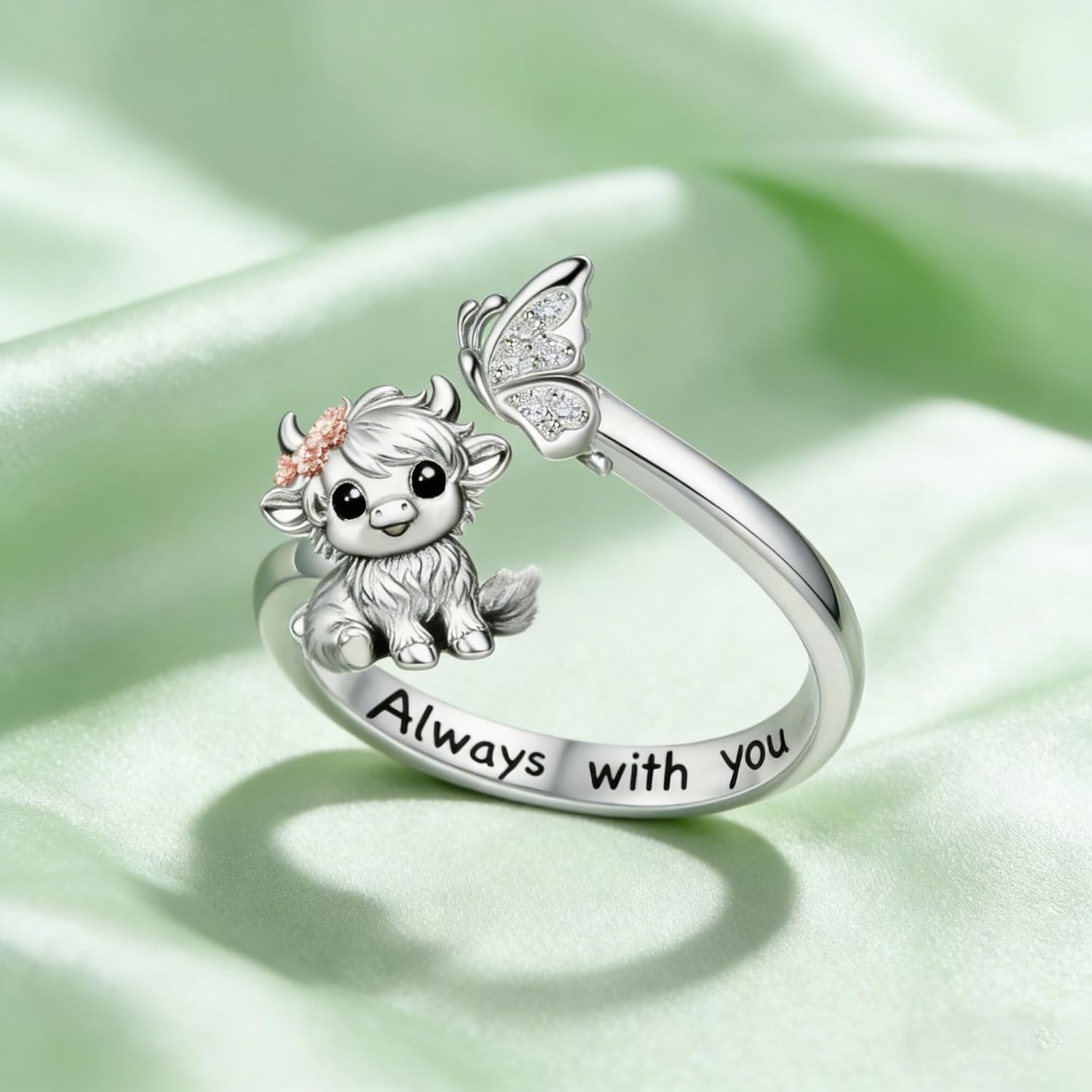 Highland Cow Ring 18K White Gold Plated Adjustable Open Ring Butterfly Highland Cow Jewelry Gifts for Women Mom Wife