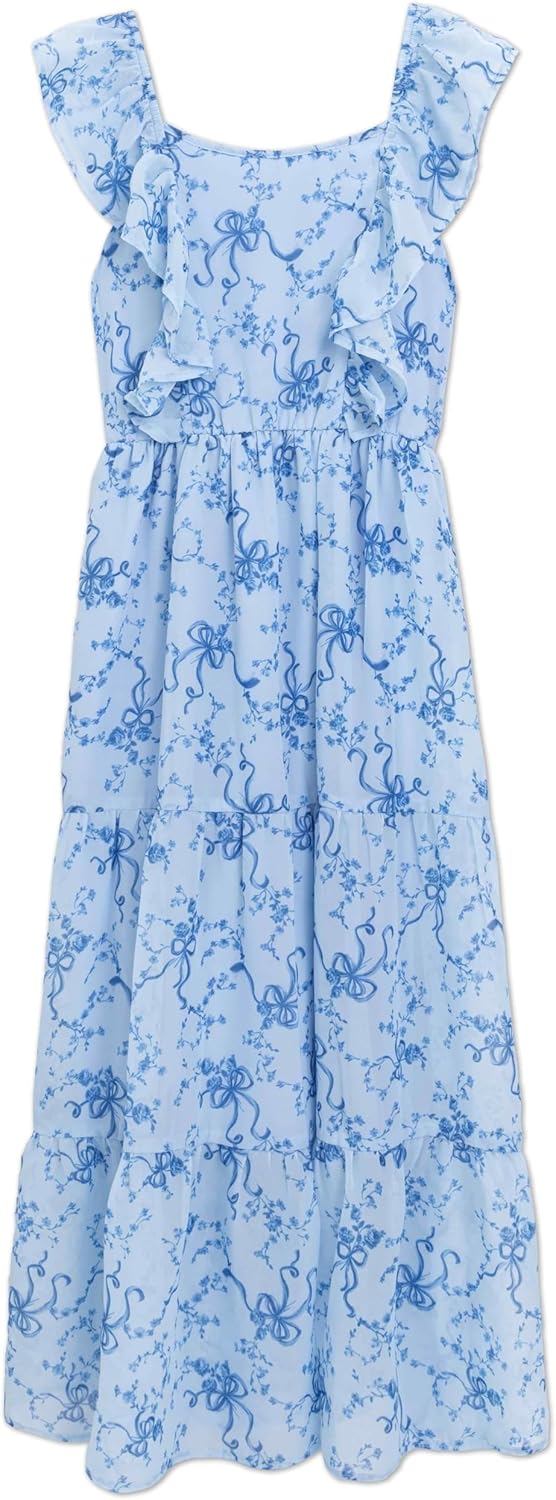 Speechless Girls' Sleeveless Floral Print Chiffon Ruffle Strap Tiered Maxi Dress with Purse