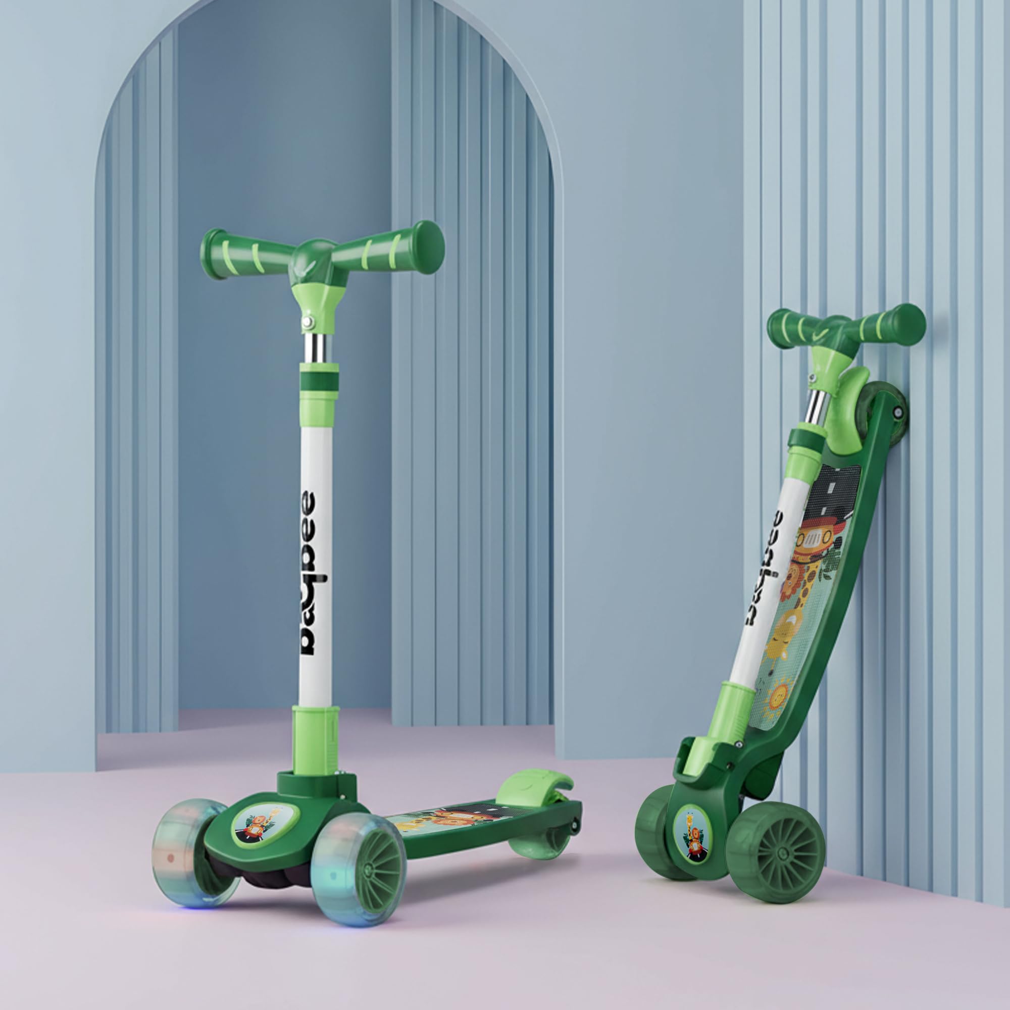 Baybee Kitty Kick Scooter for Kids | Foldable 3 Wheel Kid Scooter with 4 Height Adjustable Handle & Brake | Skate Scooters with LED PU Wheels | Runner Scooters for Kids 3 to 10 Years Boys Girl (Green)