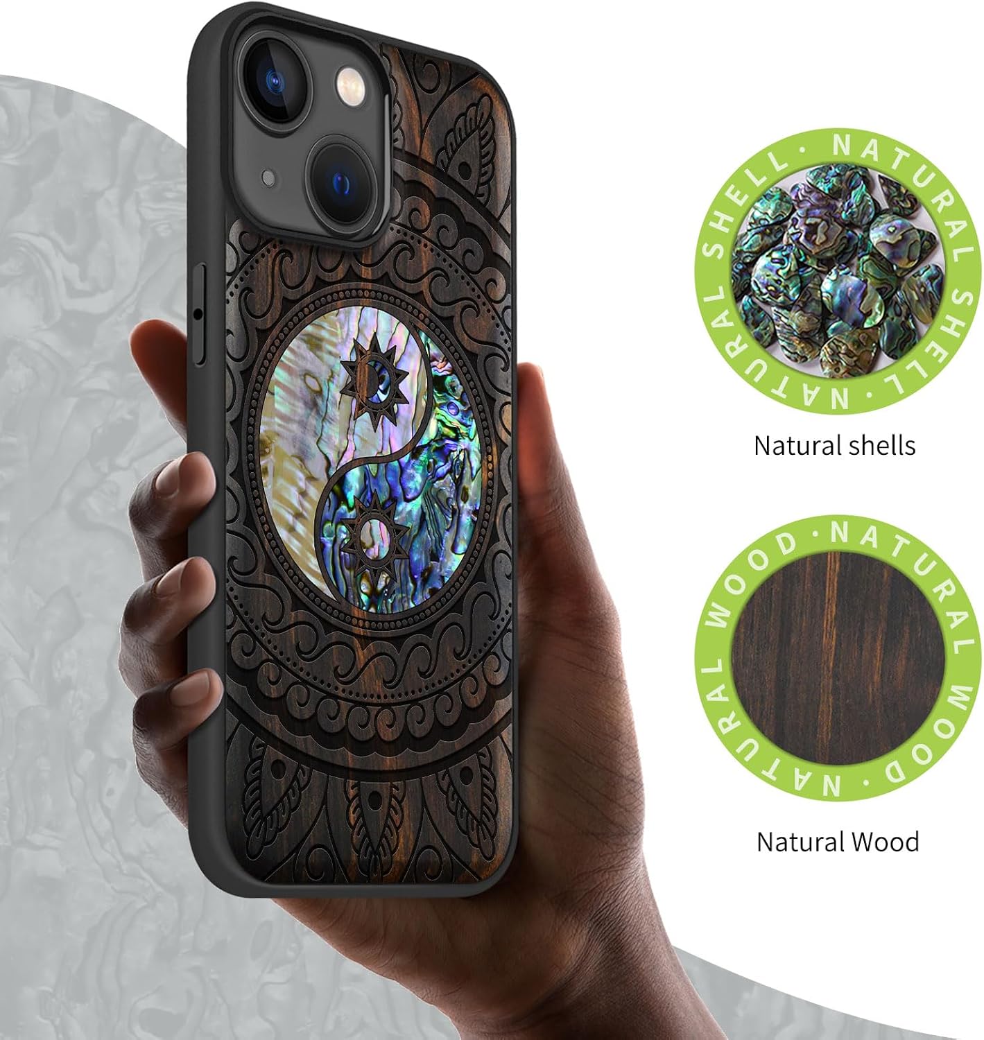Carveit Wooden Case for iPhone 15 Magnetic Case, Compatible with MagSafe Wireless Chargers, Shockproof Cover, Handmade Shell Inlaid & Wood Artisan Engraved (Yin Yang Paisley) Blackwood