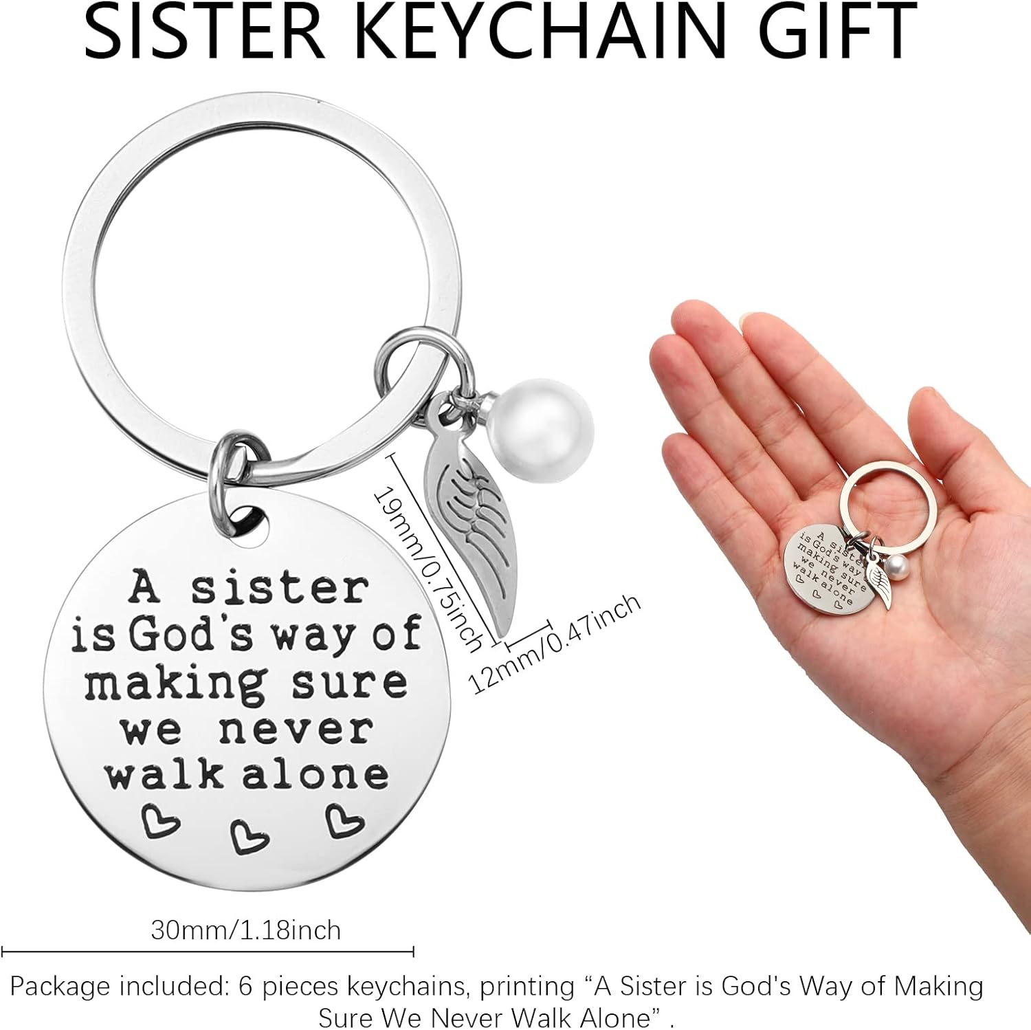 Roowest 6 Pieces Keychain Gift from Sister, a Sister Is God's Way of Making Sure We Never Walk Alone Angel Keychain for Women Friend Birthday school class Jewelry Gifts - Image 2