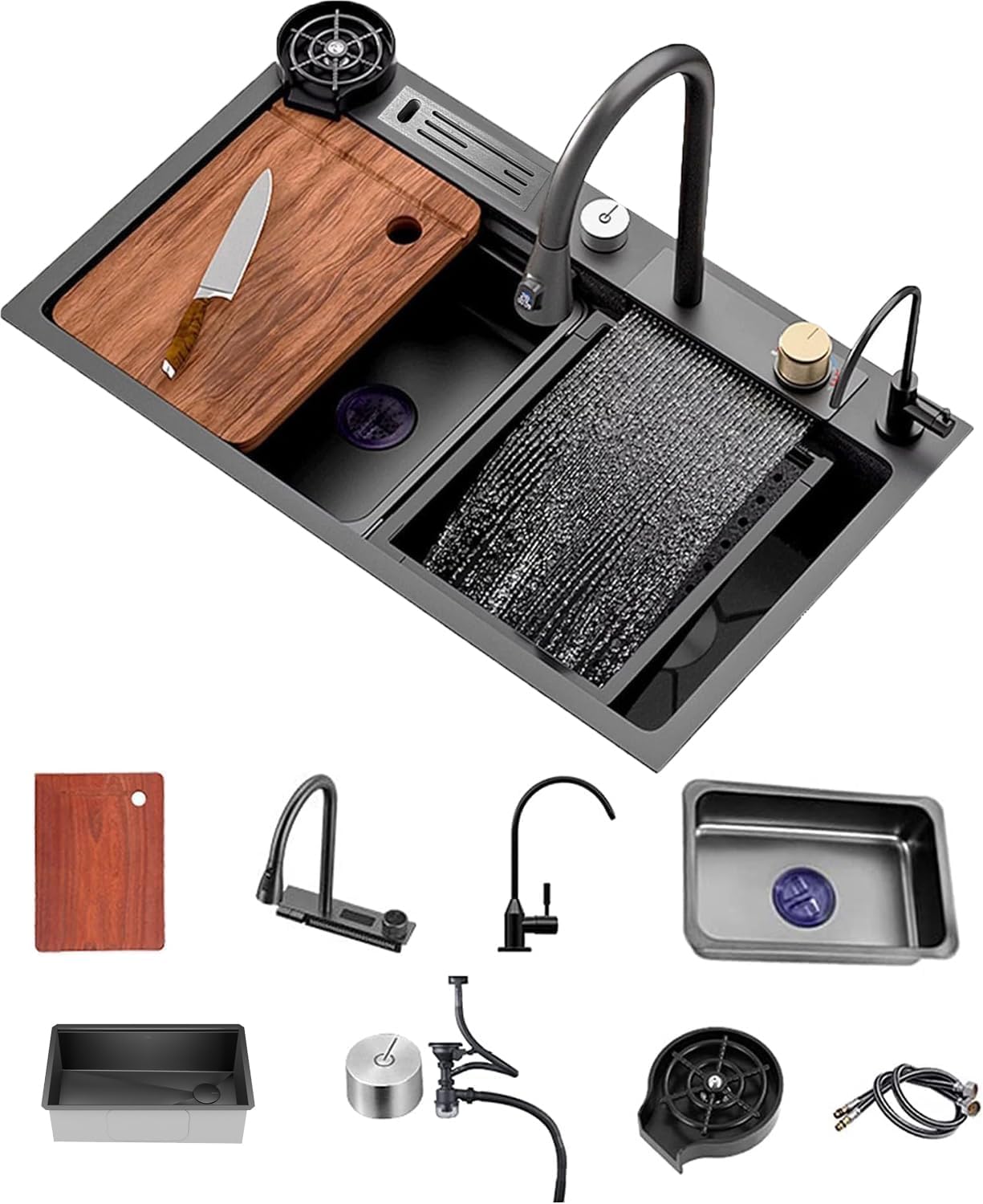 Kitchen Sink Flying rain Waterfall Stainless Steel Undermount Kitchen Sink Drop In Kitchen Sink Single Bowl handwheel thermostat switch (80 * 46 * 22cm)-X