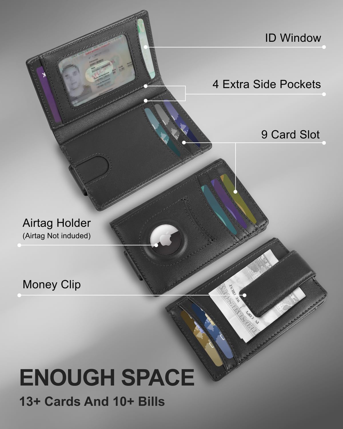 ALLIVE Airtag wallet for men- Genuine Leather Mens Wallet with Money Clip RFID Blocking Slim Billfold with Built-in AirTag Holder,9 Card Slots, Minimalist men wallet with Gift Box Jet-black. - Image 3