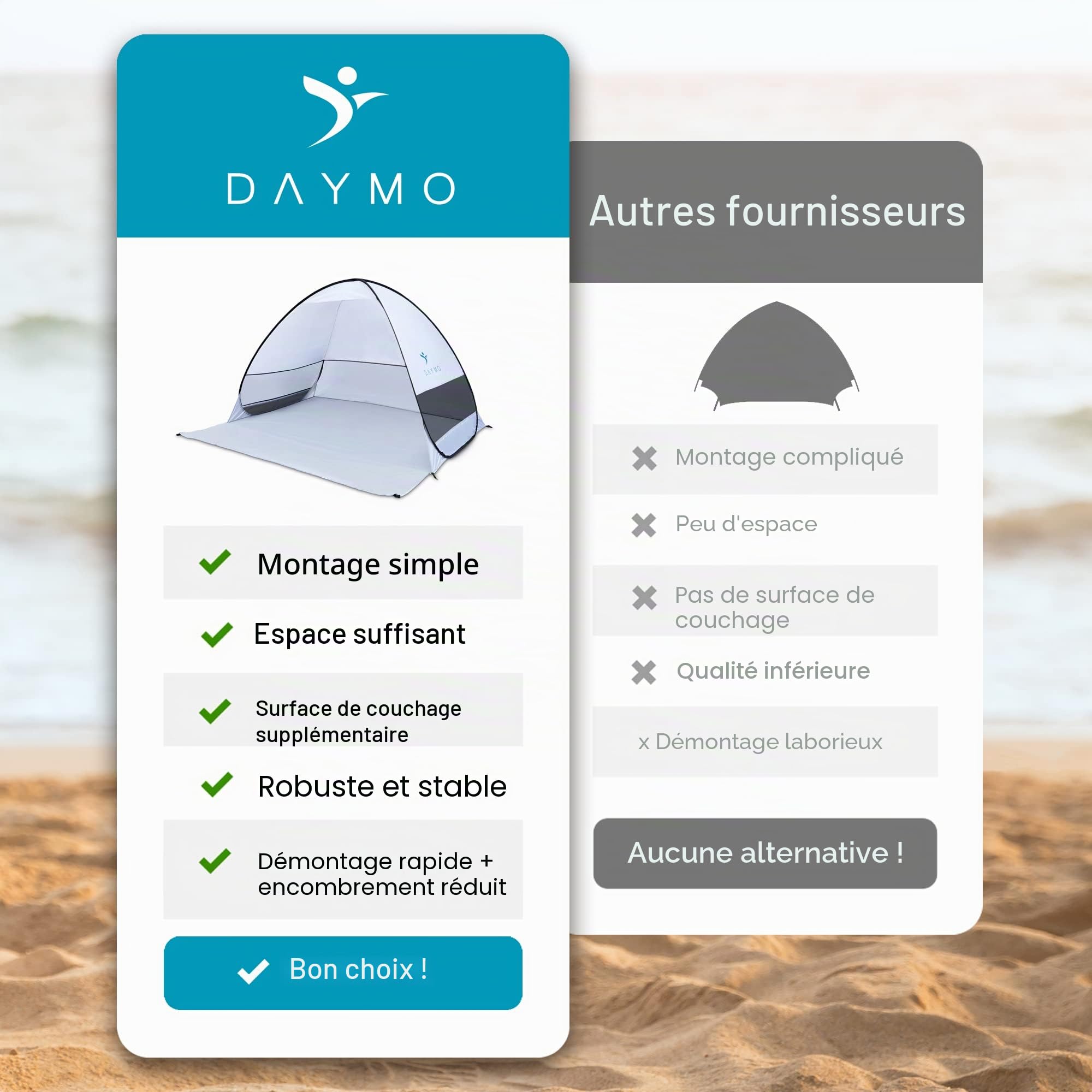DAYMO Tente de plage 190 x 160 cm I avec protection UV 50+ I Protection contre le vent auto-déployante I Tente pop-up
