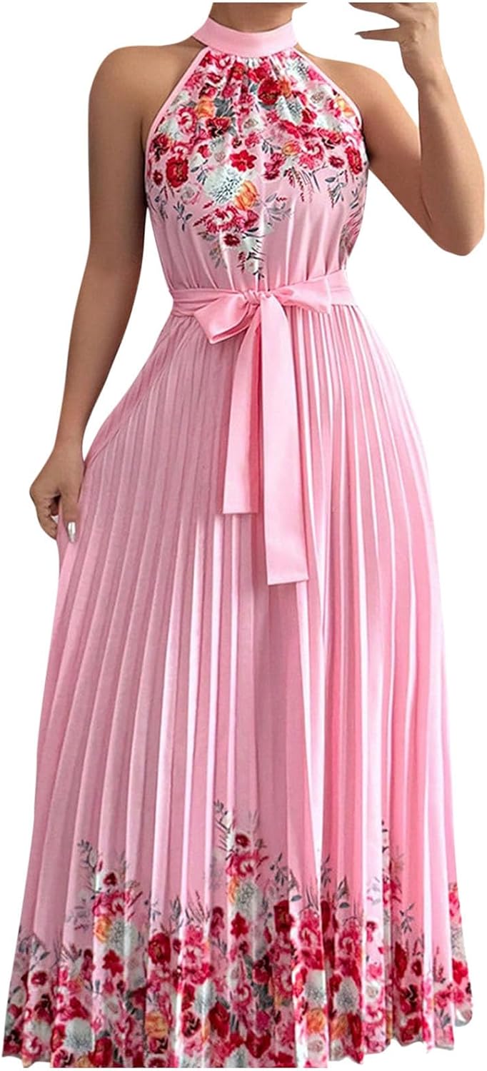 Women Halter Neck Dress Summer Floral Sleeveless Pleated Wedding Guest Midi Dress Casual Beach Flowy Boho Clothes