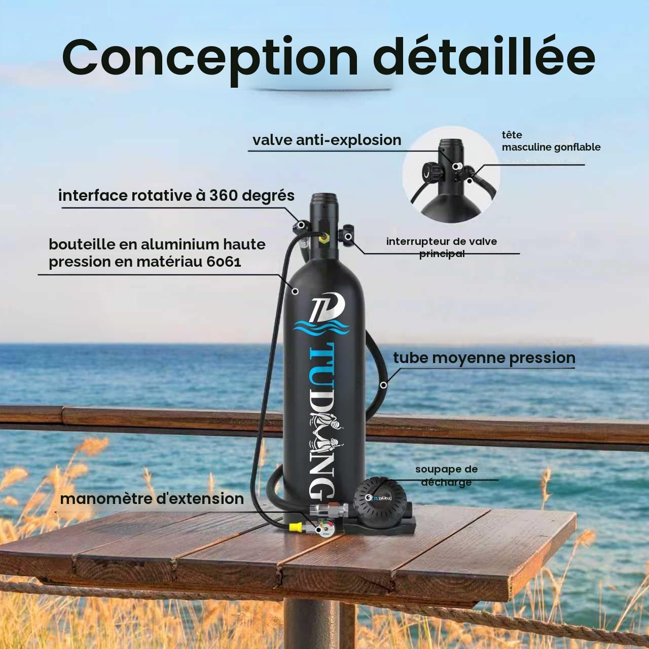 Réservoir de plongée sous-Marine TUDIVING-2L avec 25-30 Minutes de Respiration, Cylindre de plongée sous-Marine Portable, équipement de plongée