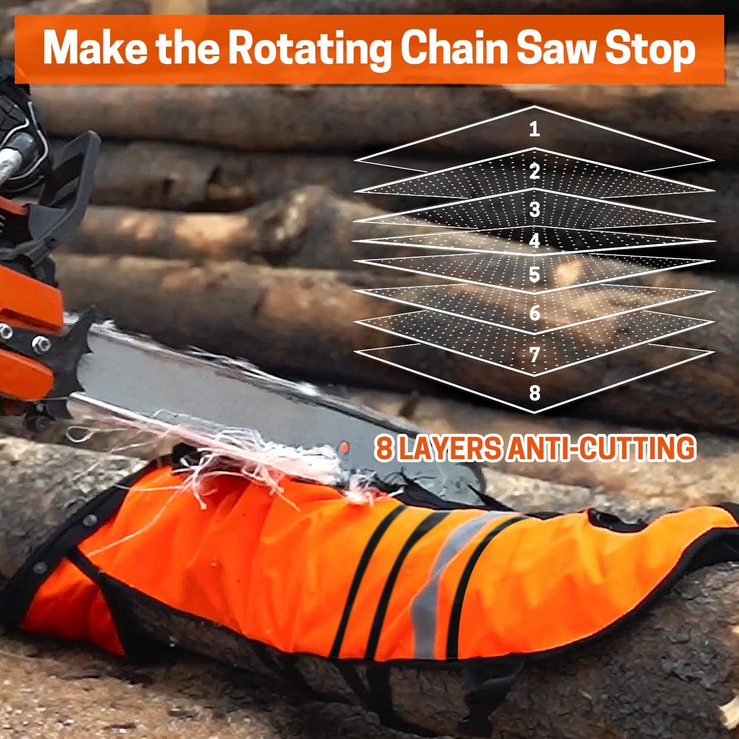 Pantalones de motosierra de 8 capas para motosierra UL Clase A, estilo delantal, naranja, L