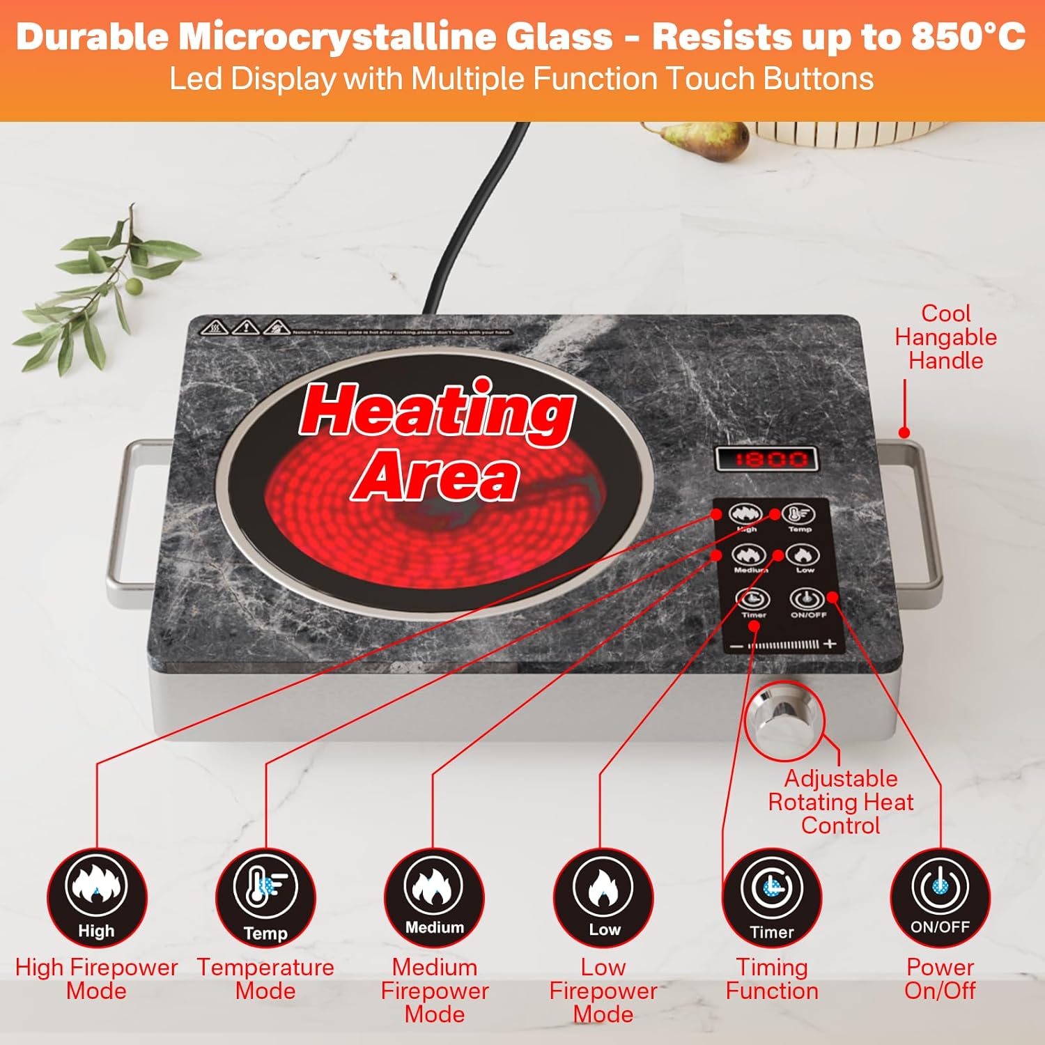 1800W Single Burner Electric Stove Top, Portable Infrared Electric Cooktop with Marble Glass, 110V Ceramic Hot Plate, Countertop Burner with Timer & Knob Control, 18 Levels Power Settings