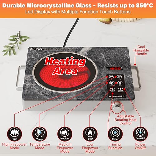 Miniatura 3 de Placa eléctrica de un solo quemador de 1800 W, placa caliente infrarroja portátil con vidrio de mármol, estufa de cerámica de encimera con