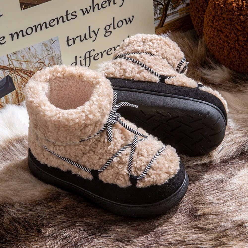 Winter Snow Shoes Sherpa Fur Boots Lace Up Faux Plantform Cute Furry Round Toe Pull On Mid Calf Warm Non-Slip Flats Thermal Inner Lined Waterproof Casual Lightweight Wear Millennial Trendy Booties