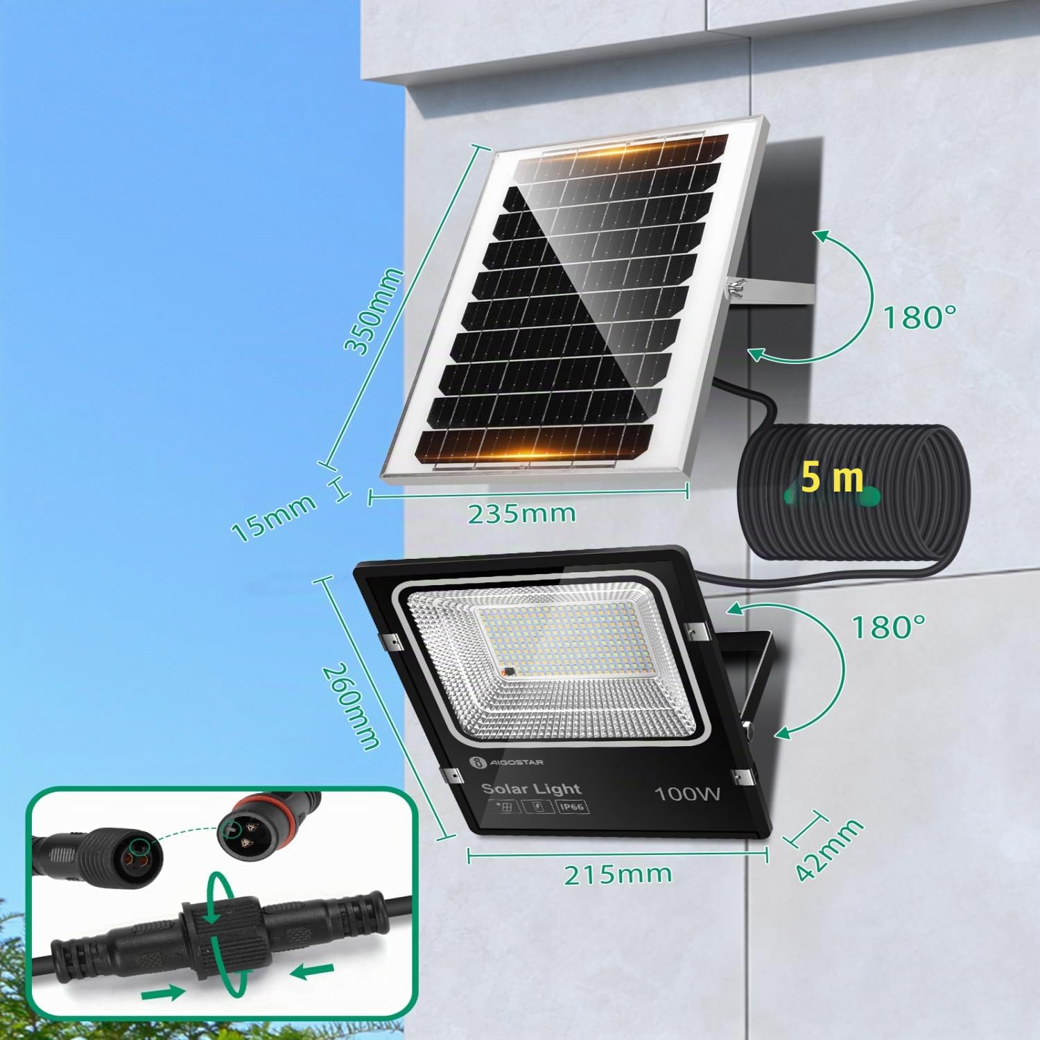Aigostar-Solar LED Strahler Außen mit Große Solarpanel,5 m Kabel,Dimmbar 3000K/4500K/6500K,8000mAH,Große Batteriekapazitä,IP66,Solarlampen für Außen Gärten,Solarleuchte mit Fernbedienung,2 Stück