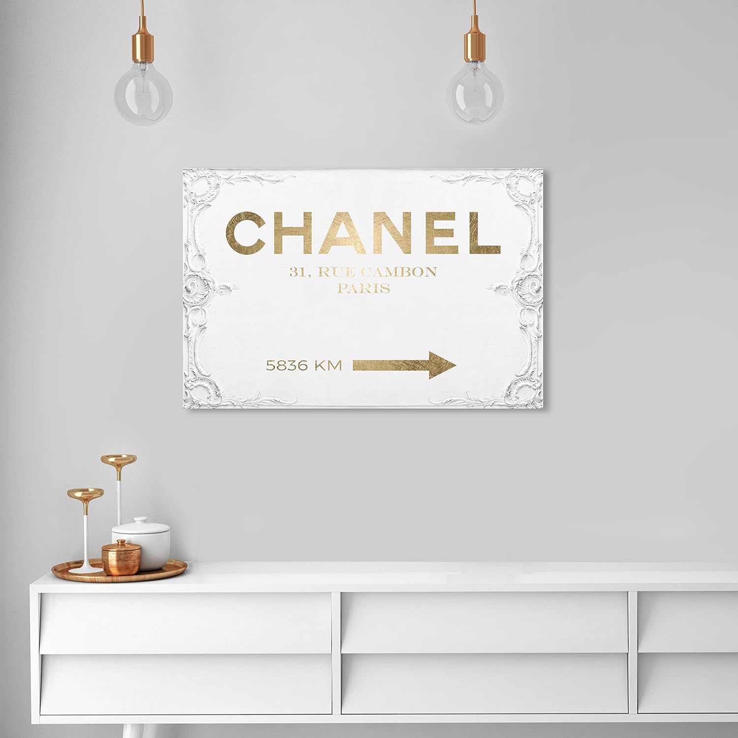 The Oliver Gal Artist Co. Fashion and Glam Wall Art Canvas Prints Couture Road Sign Rococo Home Décor, 36 x 24, White, Gold