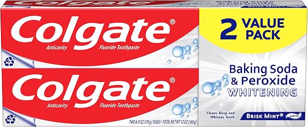 Colgate Baking Soda & Peroxide Toothpaste - Whitens Teeth, Fights Cavities & Removes Stains, Brisk Mint, 6 Ounce (Pack of 2) - 1