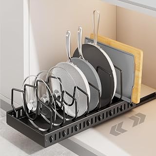 Soporte para tapa de olla, organizador extensible con 8 divisores ajustables, organizador de sartenes, cajón, soporte para tapa de cocina, color negro