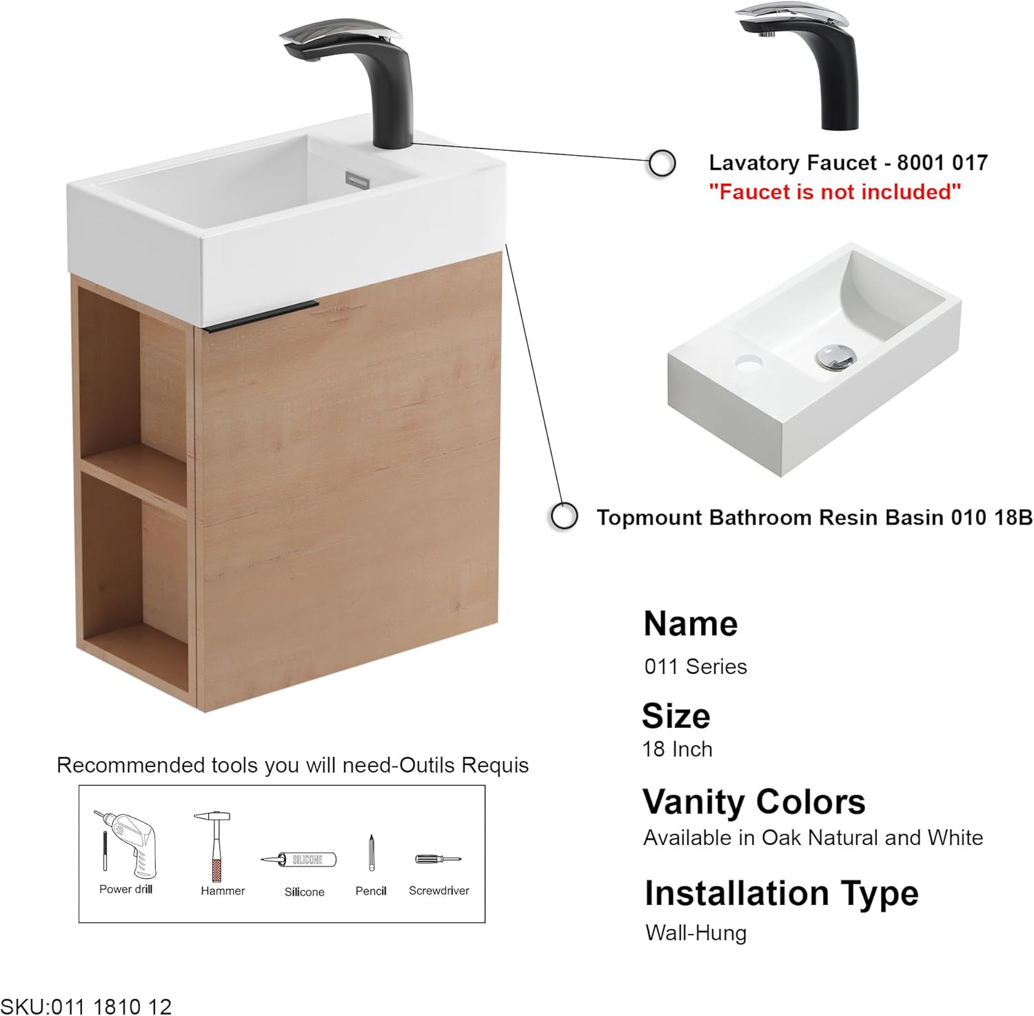 Dowell 18" Inch Oak Natural Small Bathroom Vanity with White Resin Sink Combo, Modern Bathroom Cabinet with Soft-Close Door, Wall Mounted Single Bathroom Vanity Set with Side Shelves-011 1810 12