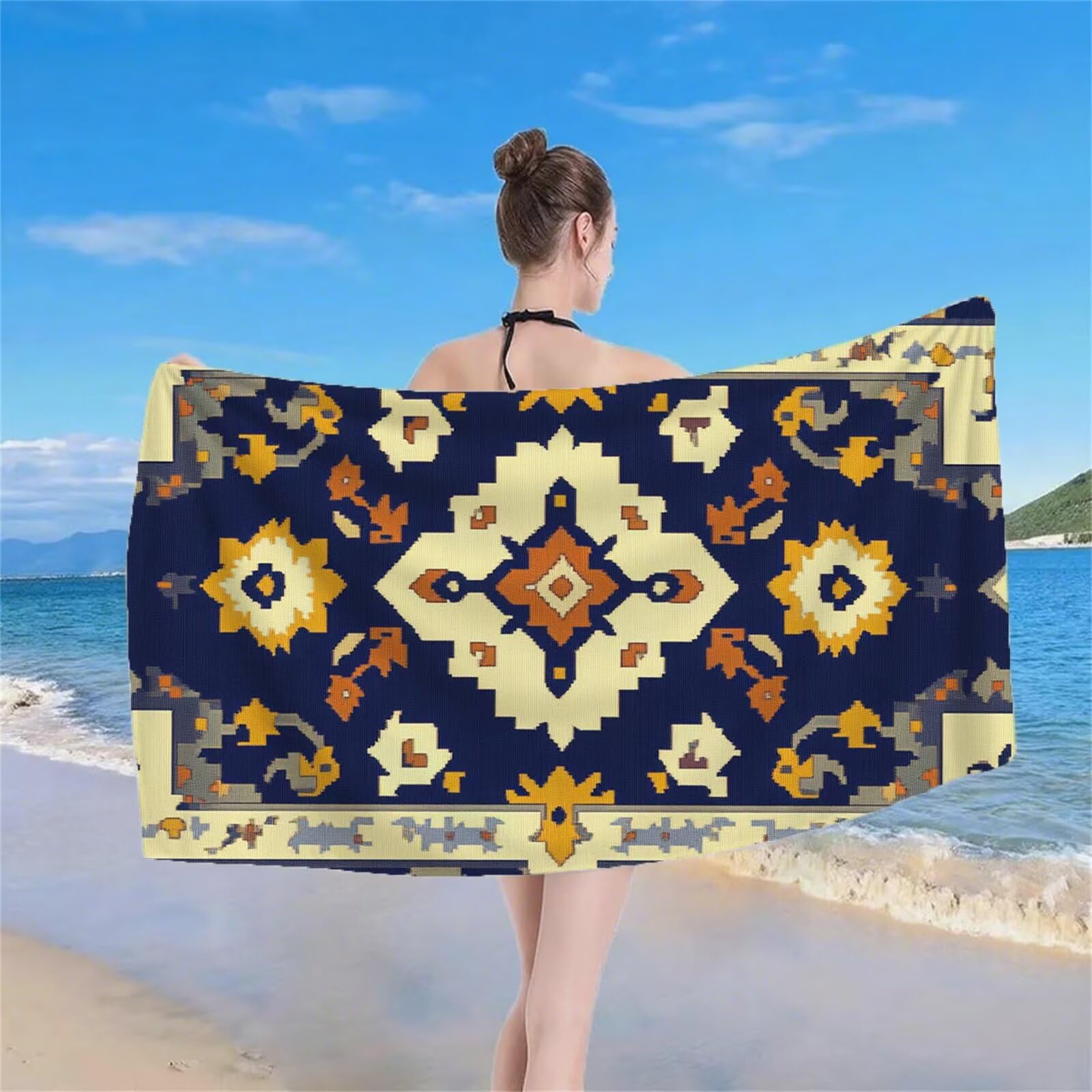 Serviette de Plage XXL 220x100 cm Anti Sable et Séchage Rapide Microfibre Drap de Plage Serviette de Bain Grande Taille Drap de Bain pour Homme Femme Voyages Natation Camping Pique Nique Rétro S-556