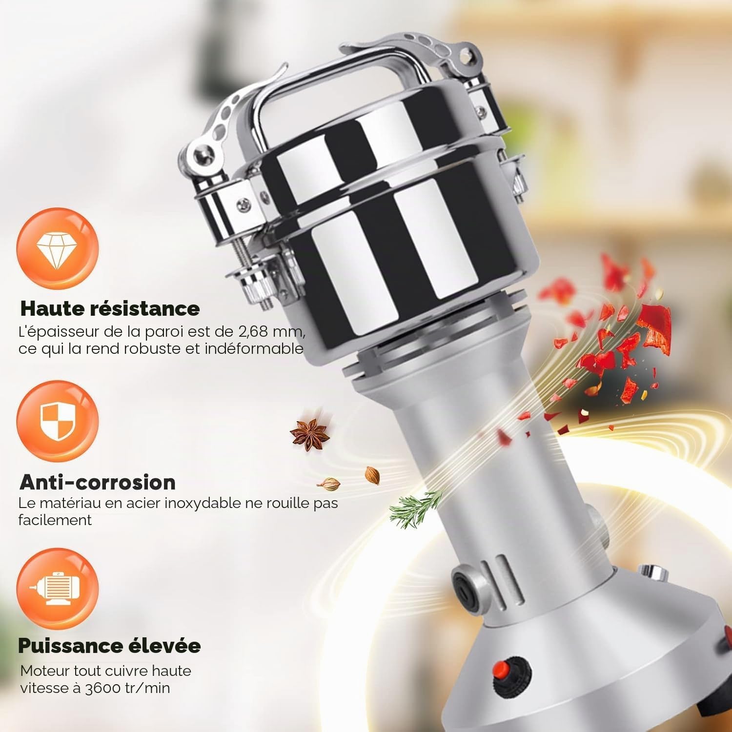 Moulin à Céréales Électrique, PaNt 500g Haute Vitesse Broyage Moulin à Épices Moulin Epices Grinder Électrique avec 3 Lames en Acier Inoxydable Machine à Poudre pour Céréales Herbes Épices Noix