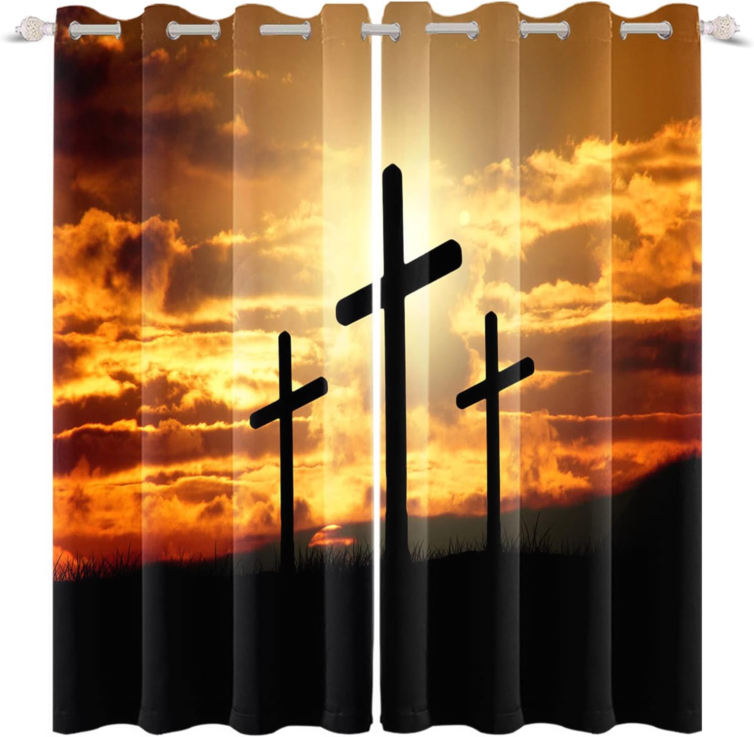 Christian Cross Blackout Window Curtains Three Crosses on Mountain Window Drapes Christianity Jesus Cross at Sunset Thermal Insulated Window Treatment Decorations,53x45 inch,2 Panels