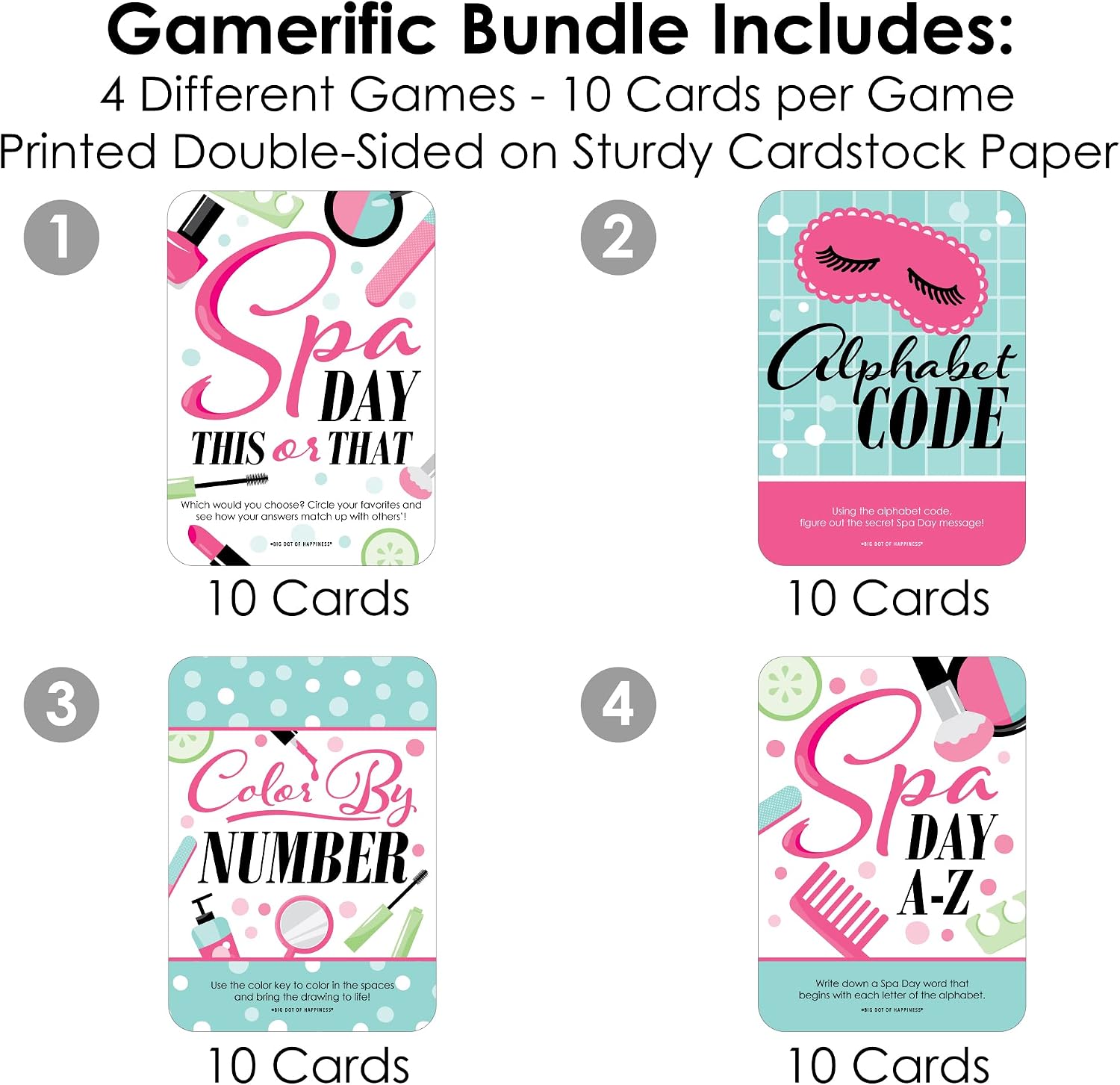 Big Dot of Happiness Spa Day - 4 Girls Makeup Party Games - 10 Cards Each - Gamerific Bundle
