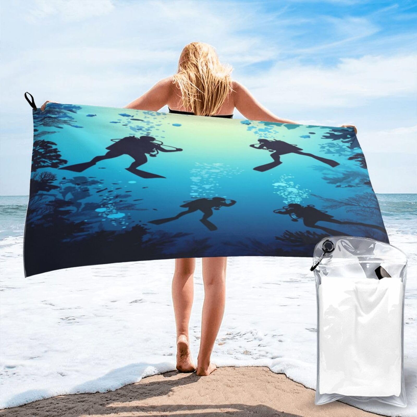 Anceky Silhouetted Scuba Divers Among Coral Quick Dry Microfiber Travel Towel with Carry Case and Carabiner 27.5"X55"