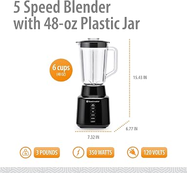 Toastmaster 5 Speed Blender with 48-oz Plastic Jar - Kitchen Blender with Stainless Steel Blades - For Fruit Smoothies & More - Multiple Speeds & Pour-Through Lid