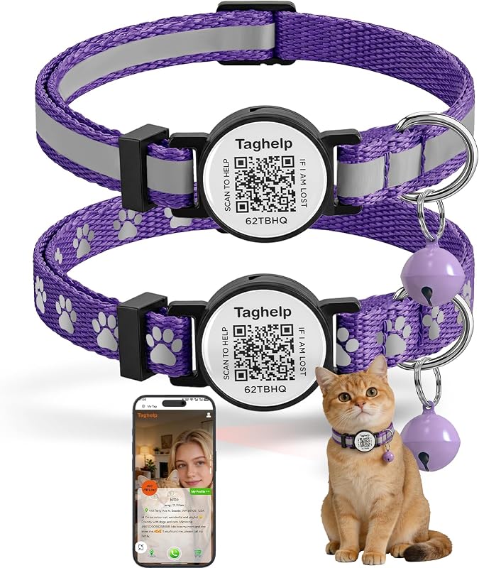 Coleira para Gatos com Suporte para Apple AirTag, QR Code, Faixa Refletiva e Fecho Breakaway Taghelp Roxa — Pacote com 2