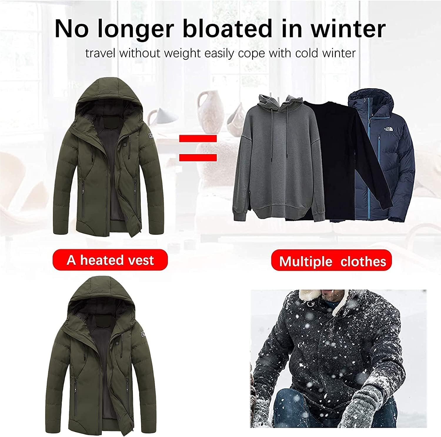 Heating Clothing, Slim Fit Windproof Heated Jackets with Hood Outdoor Electric Heat Coat