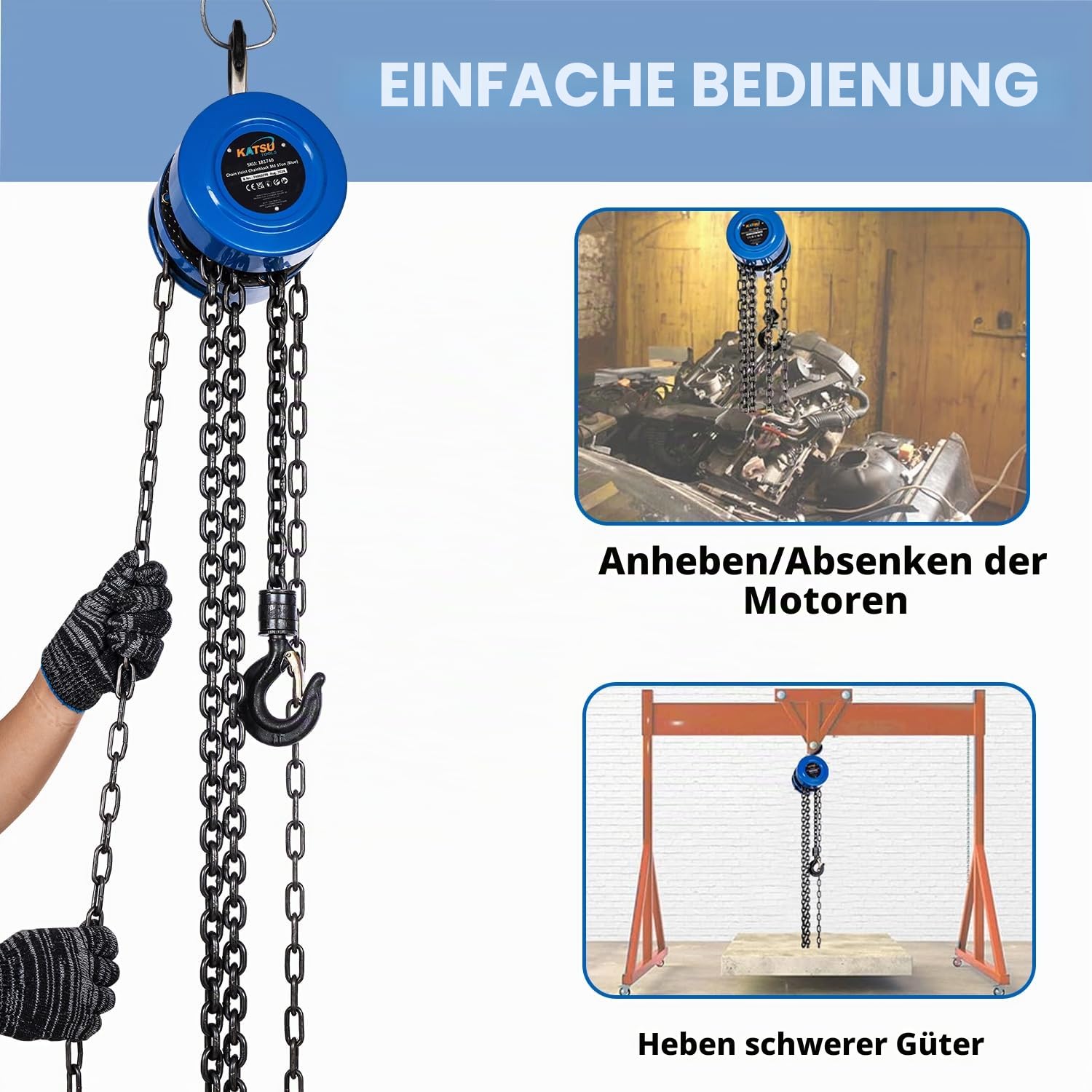 KATSU Tools Kettenzug 1000kg 3m Hubhöhe, Robuste Haken mit Sicherheitsbügel, Kettenblock, Garage Automotor Schwerlast-Hebewerkzeug 181740