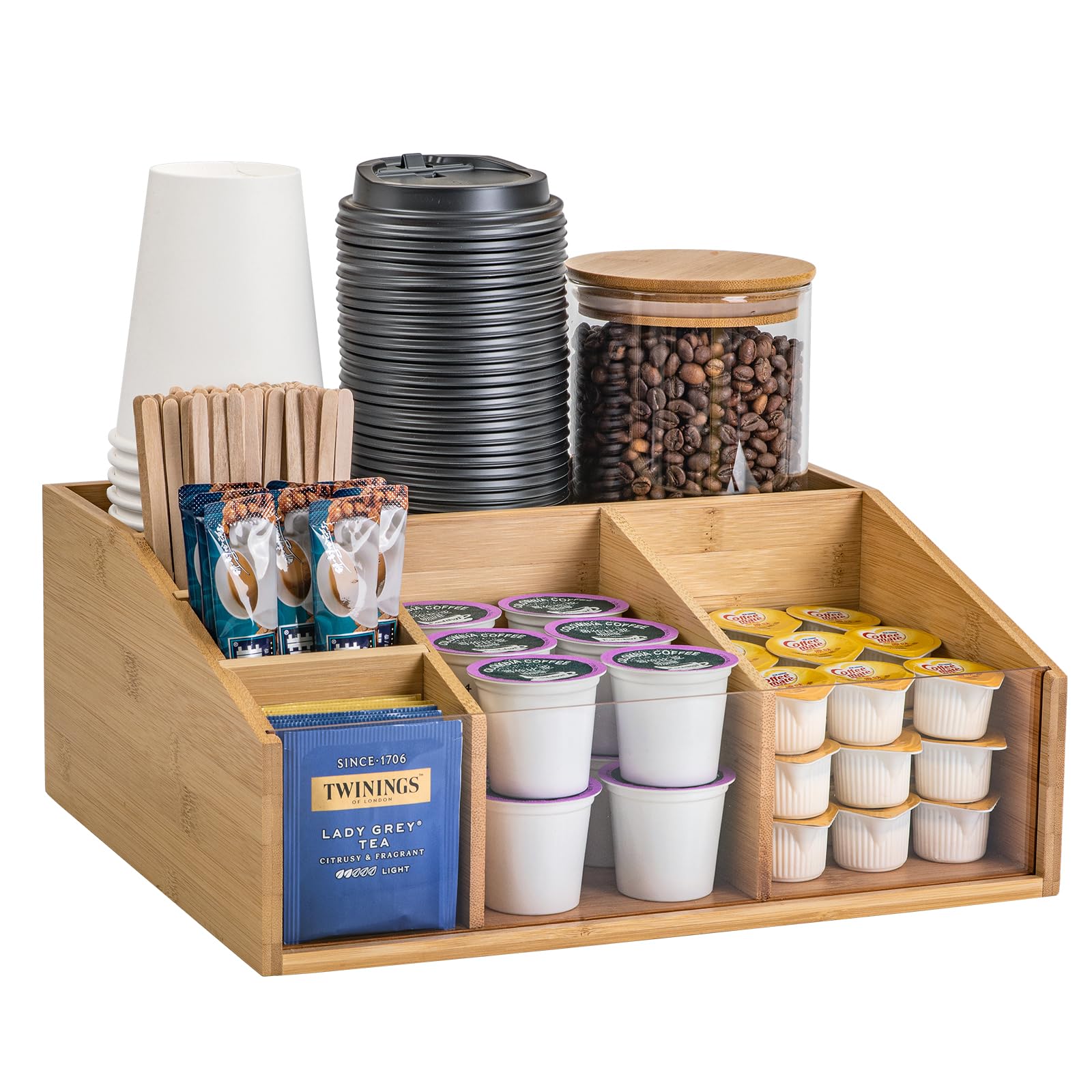 HUCINIUN Bamboo Coffee Station Organizer for Countertop, Coffee Bar Accessories Organizer with 6 Compartments for Tea Condiment, Pods, Creamer, Syrup, Cups