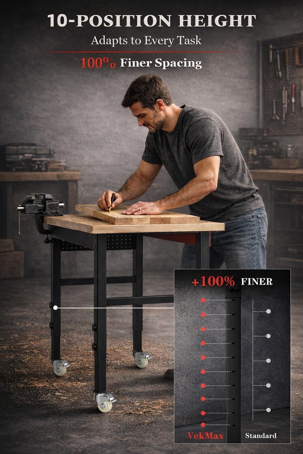 70" Heavy Duty Workbench, 2500 LBS Load Capacity Work Bench with 1.2" Laminated Oak Wood Top & Reinforced Steel Frame, Adjustable Height Work Table for Garage, Workshop, Office, Home (Casters) — view 4