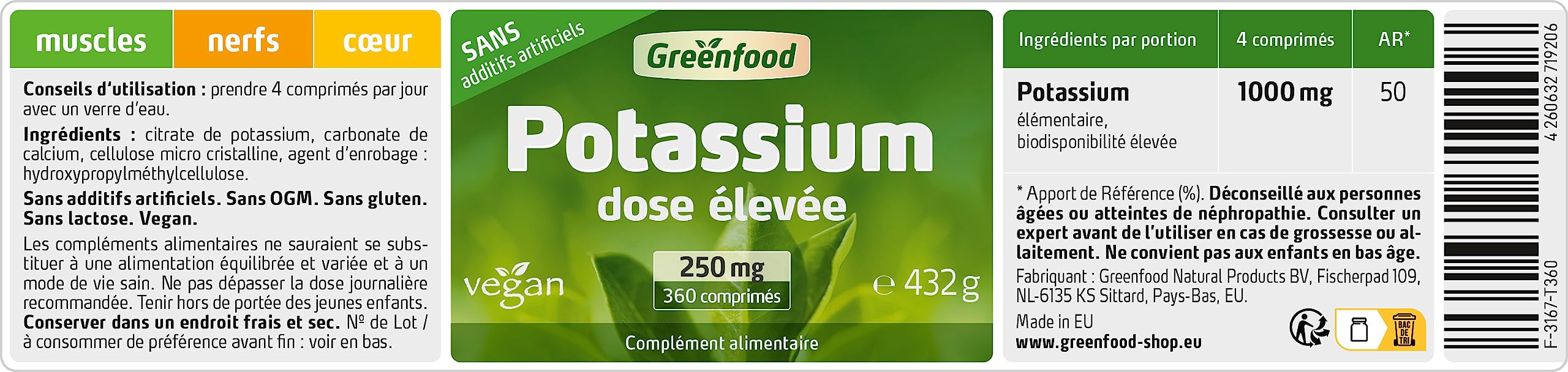Greenfood Potassium, 250 mg, 360 comprimés – fonctionnement normal du système nerveux, fonction musculaire normale, maintien de la pression artérielle normale. Sans additifs artificiels. Vegan.