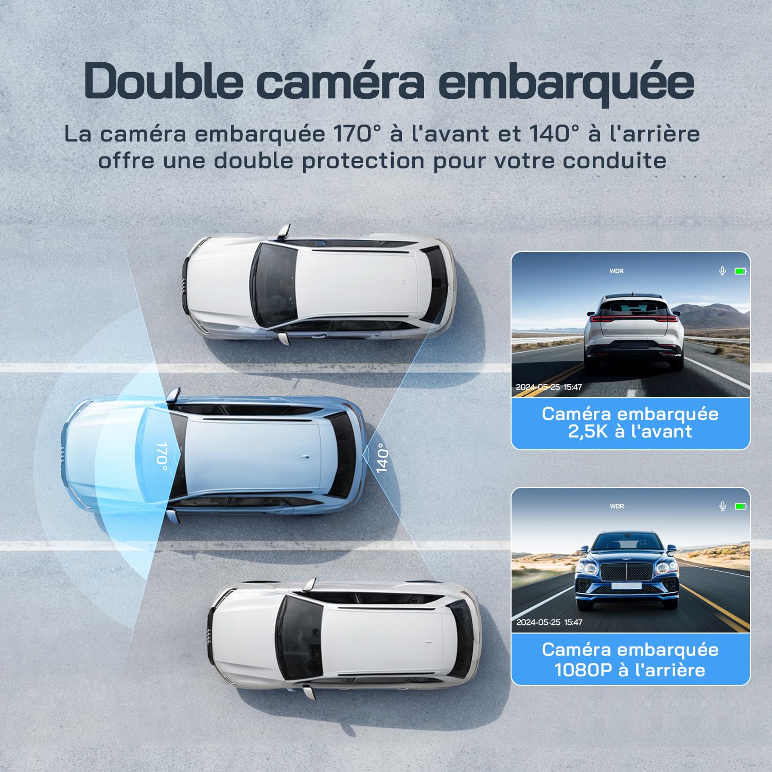 WOLFANG 2.5K Dashcam Voiture Avant Arrière, 1440P+1080P FHD Caméra Embarquée Voiture, IPS 3" Dash Cam Voiture Grand Angle de 170°, G-Capteur, WDR, 24H Mode Parking, Enregistrement en Boucle