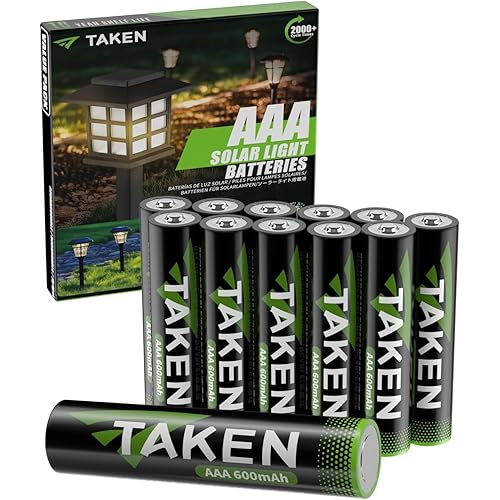 Taken AAA Batteries 12-Count, 720mWh Pre-Charged Solar Batteries for Outdoor Solar Lights, Garden Lights, String Lights, Sidewalk Pathway Lights (1.2V NiMH 600mAh)