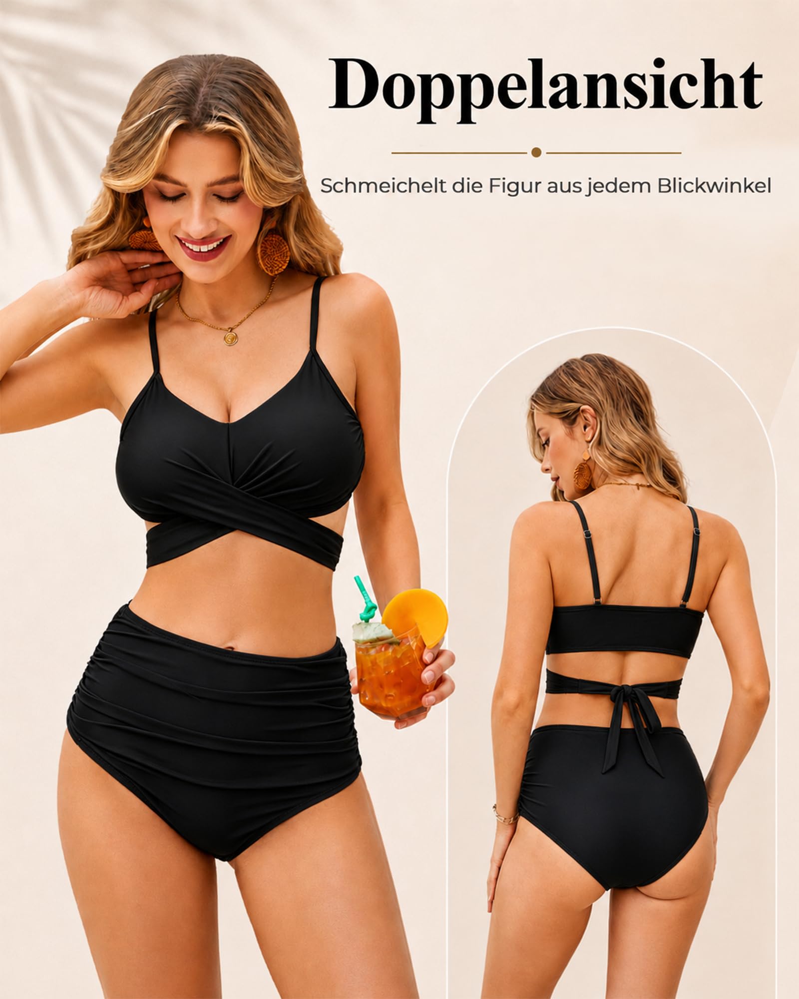 Bikini pour femme - Maillot de bain 2 pièces sexy taille haute push-up - Col en V - Croix réglable - Taille S à XXL