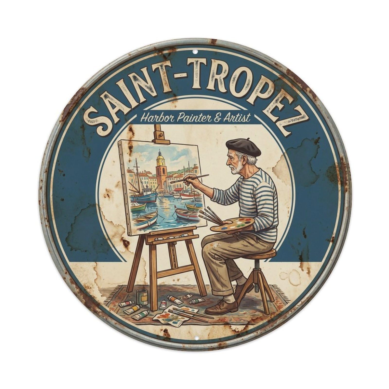 Harbor Artist Easel Saint Tropez Riviera Marina Travel Metal Tin Sign