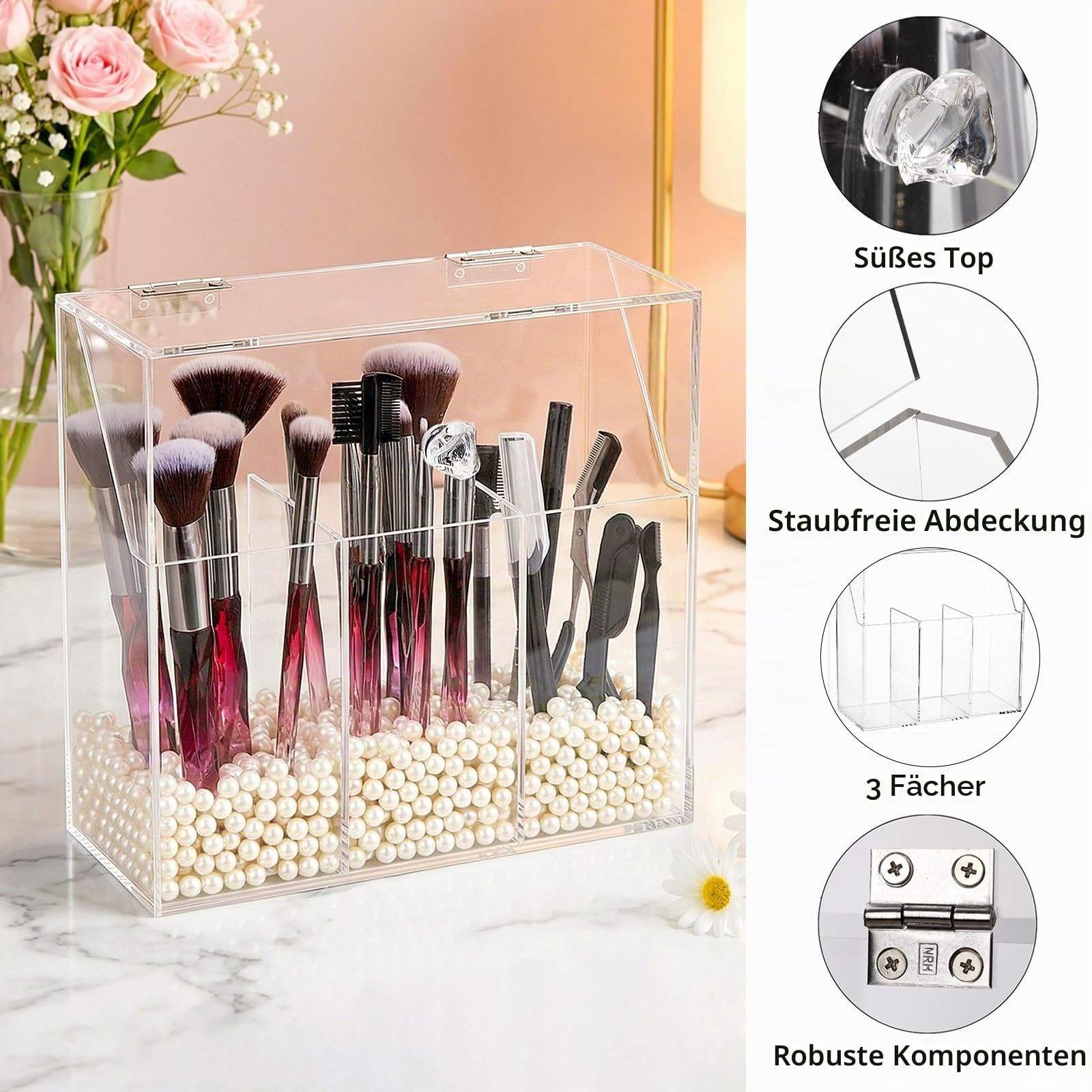 Okllen Make-up-Pinselhalter mit Staubdichtem Deckel, Weiße Perlen, Transparenter Acryl-Make-up-Pinsel-Organizer mit 3 Fächern, Kosmetikpinsel-Aufbewahrungsbox für Waschtisch, Badezimmer, Schlafzimmer
