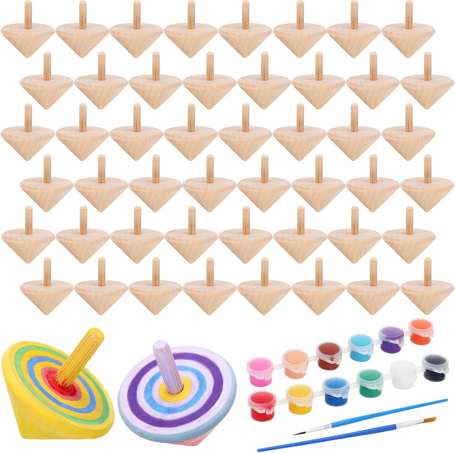 100pcs DIY Wooden Spinning Tops Craft Kit Watercolor Paints Unfinished Wood Gyroscopes for Kids Educational Kindergarten Toys Spin Tops for Birthday Gifts, Family Games Party Favors