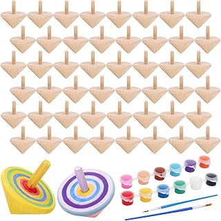 48pcs DIY Wooden Spinning Tops Craft Kit with Watercolor Paints Unfinished Wood Gyroscopes for Kids Winter Break Crafts Children Toy Party Gifts New Year Party Favors Art Supplies